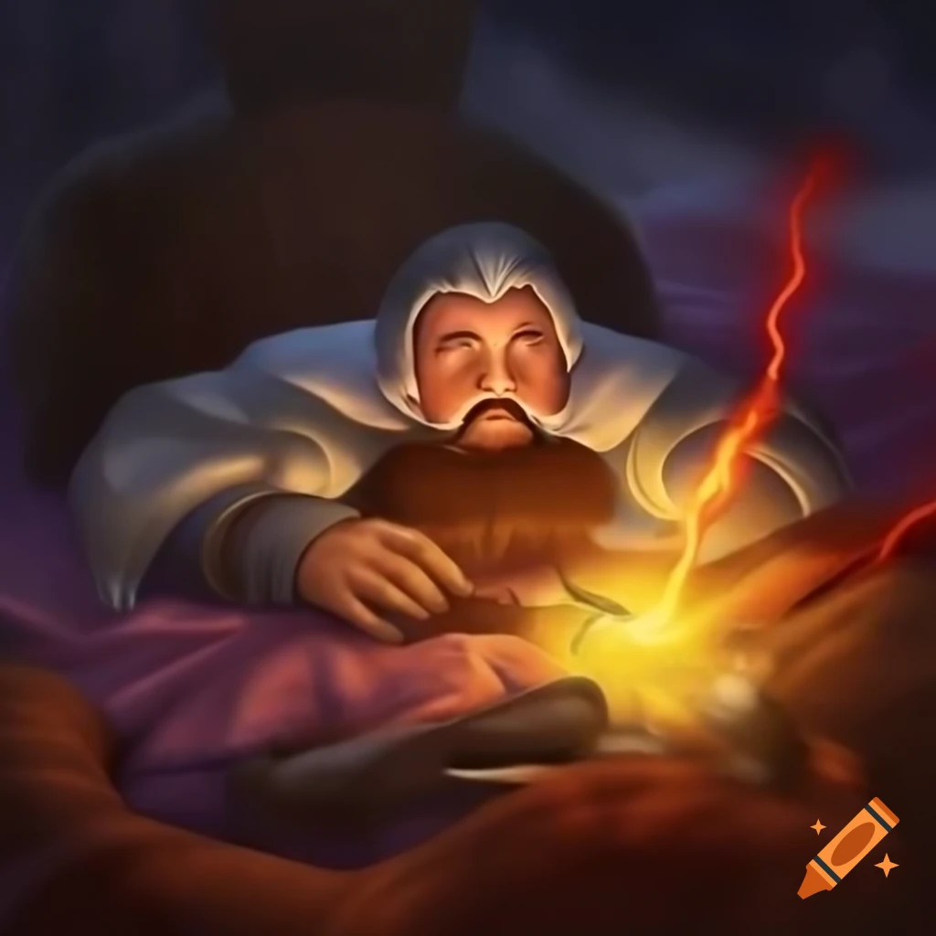 Male scientist named Forty-Too experiencing a realization with lightning, vanishing to bed