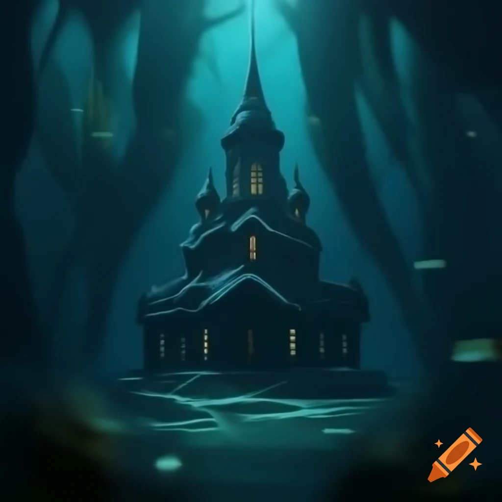 Dark monastery in an underwater spring
