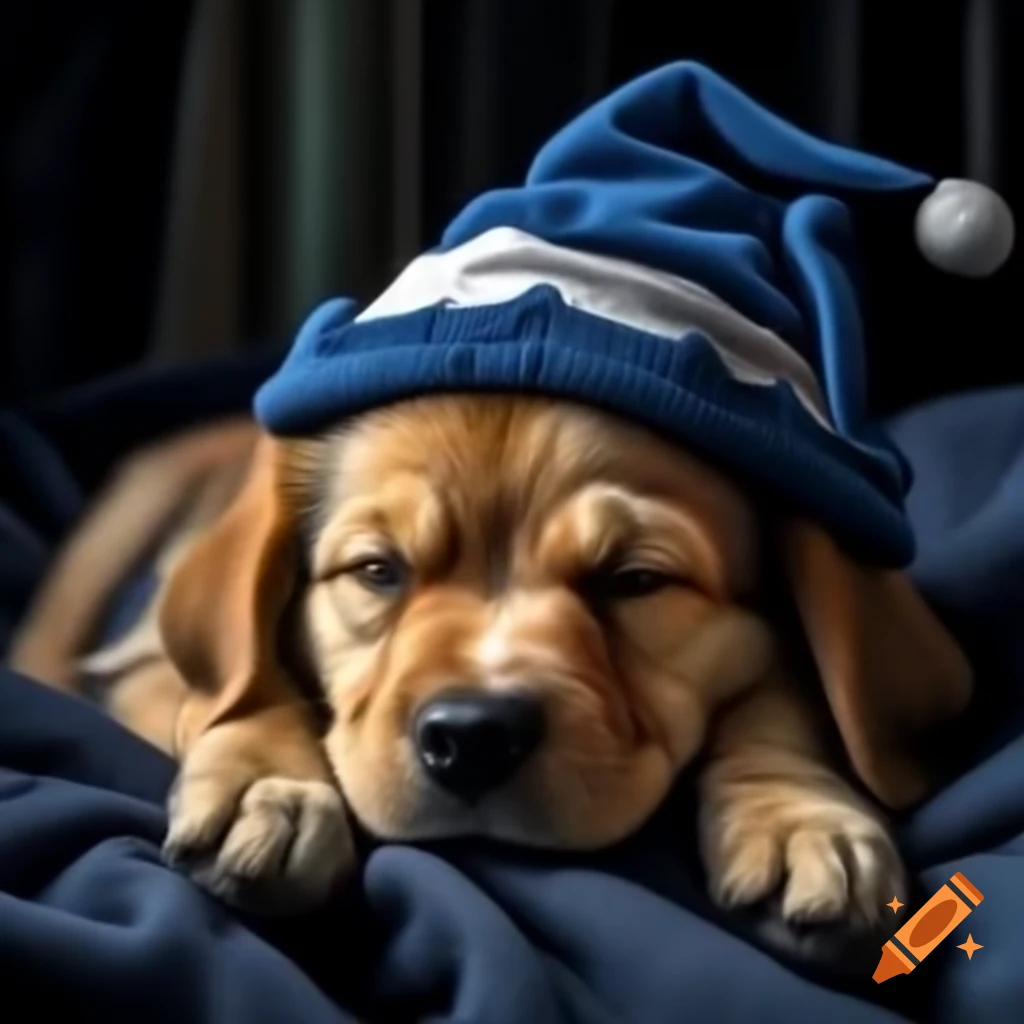 Realistic shot of a sleepy puppy wearing blue and white night cap