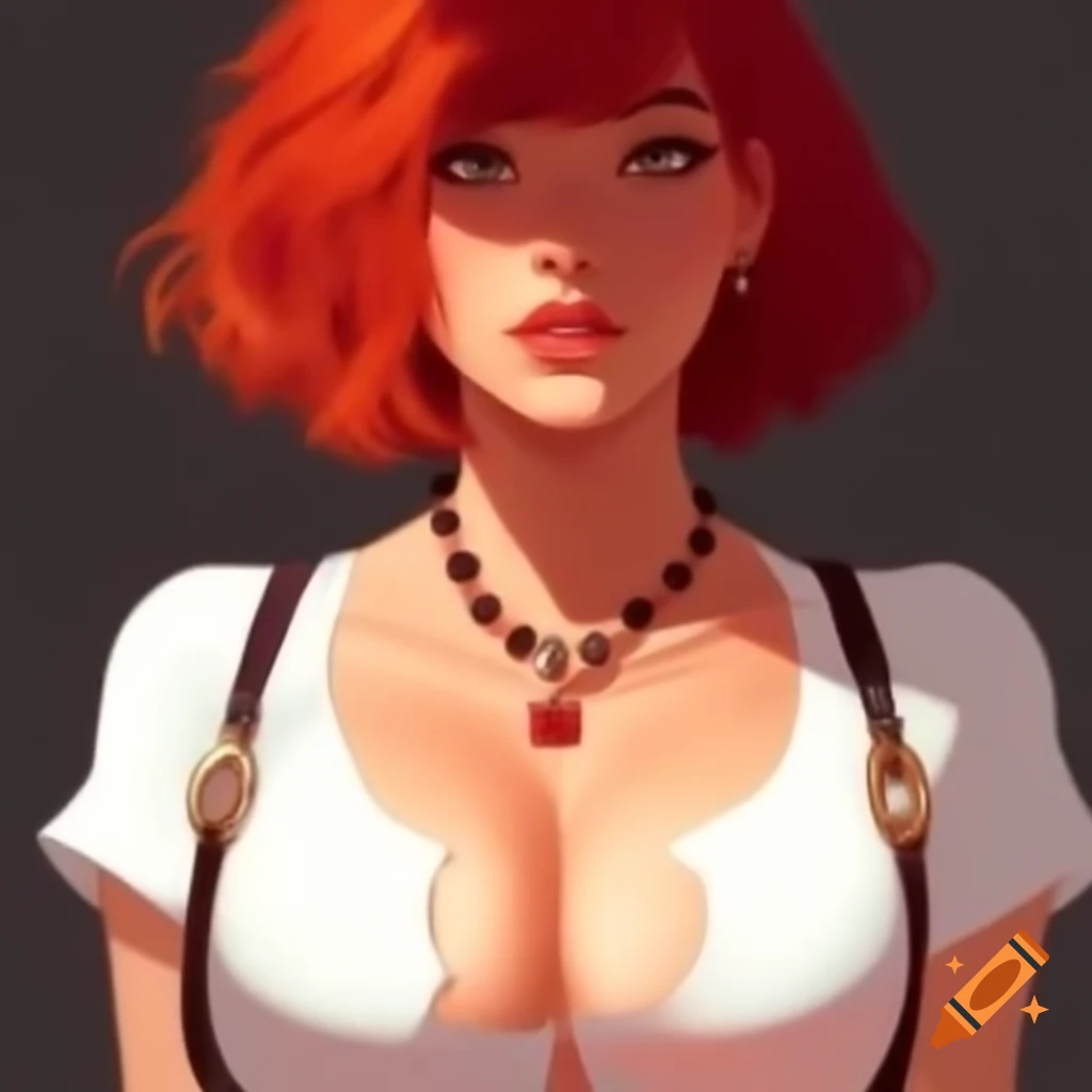 Woman with short red hair and side shave wearing white crop-top and rosary necklace