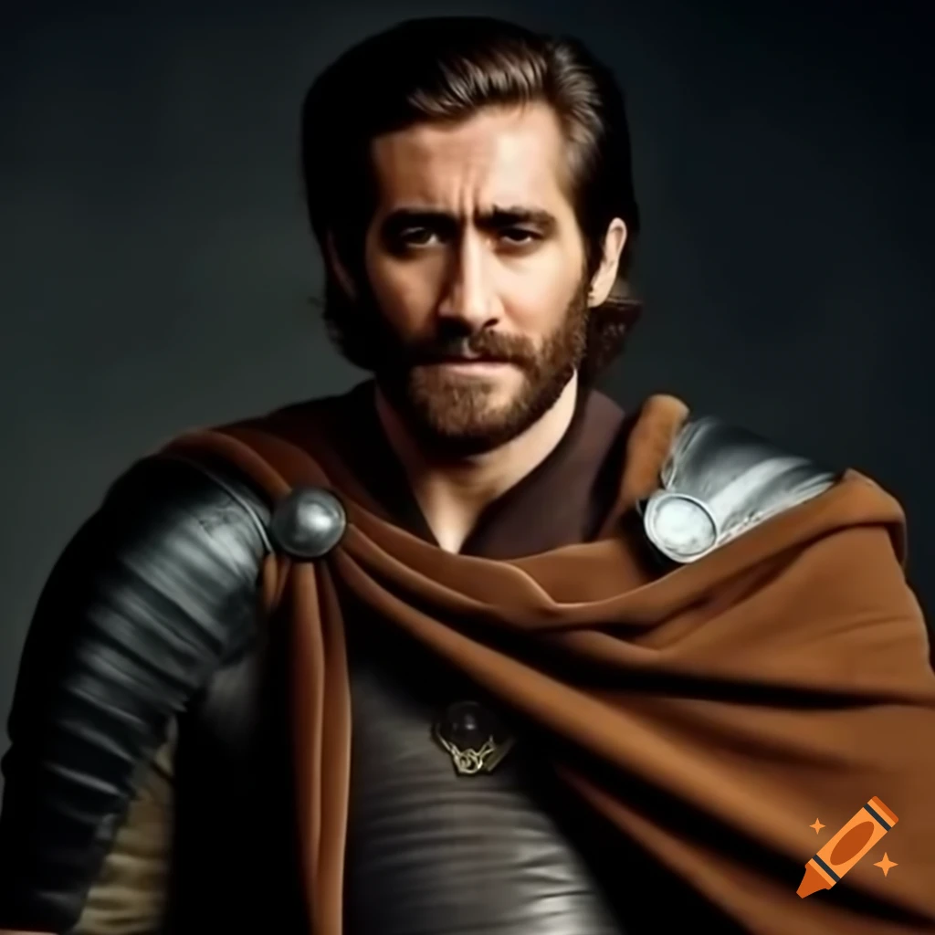 Jake Gyllenhaal in silver plate armor and brown robes