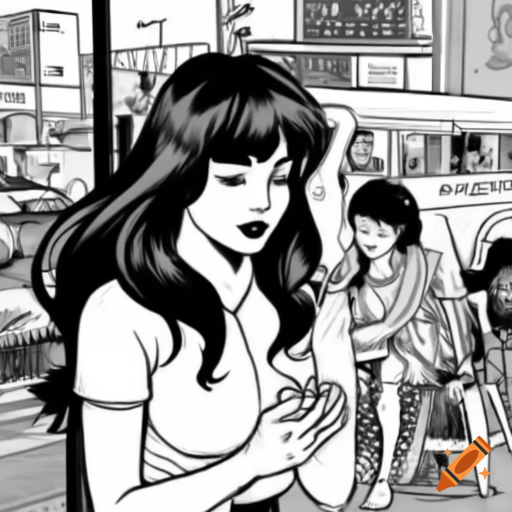Comic book style illustration of busy street corner with jeepney stop and young woman checking watch