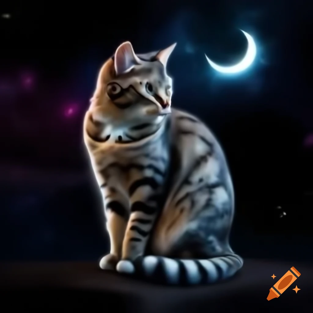 Cosmic-patterned cat under glowing crescent moon in a dreamy setting