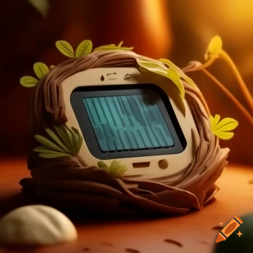 Cozy organic solarpunk e-reader with nature-inspired design elements