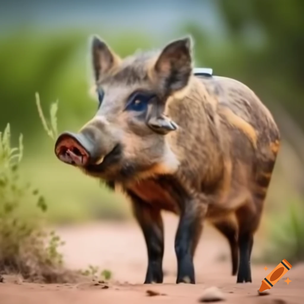 Wild boar facing camera on sandy path through vegetation, acrylic painting style