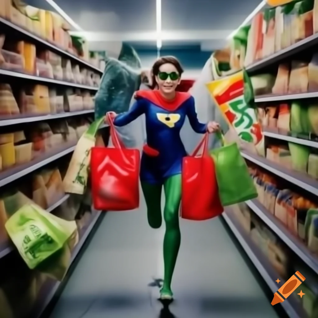 Superhero running with grocery bags