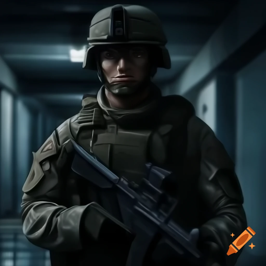 Anime soldier holding P90 in concrete hallway