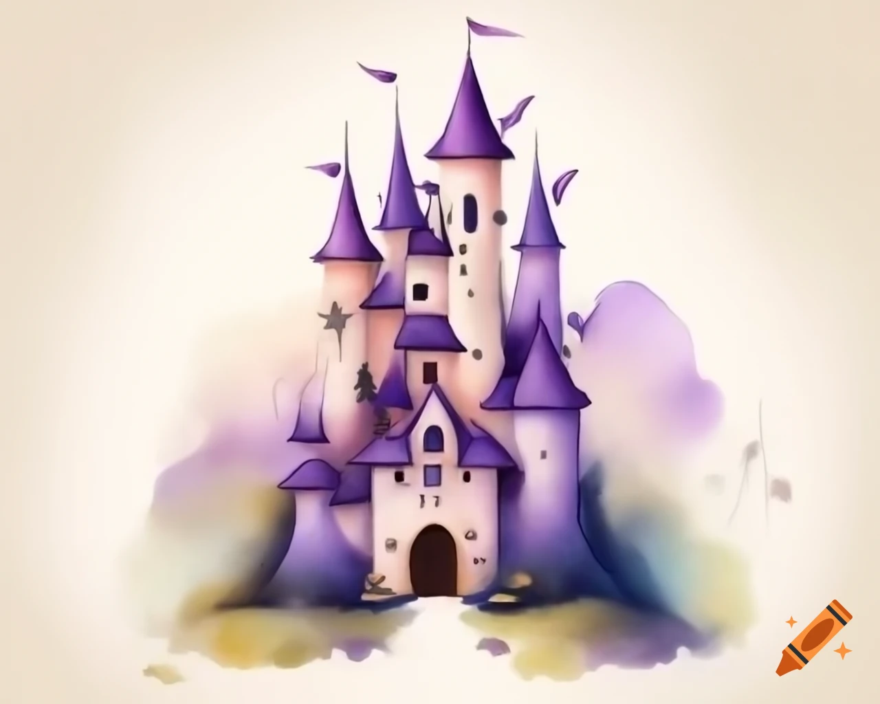 Watercolor fairy castle in violet and brown, storybook style