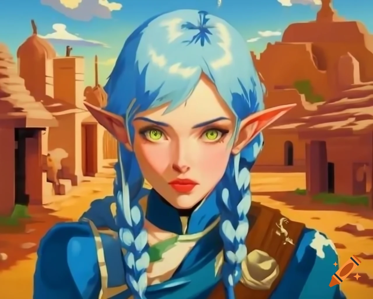Retro pixel art portrait of blue-haired demi-elf in nomad village