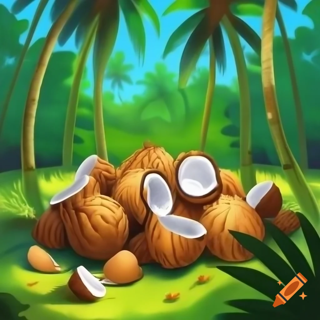 Coconut shells in tropical grove, painting by Thomas Kinkade, detailed quality