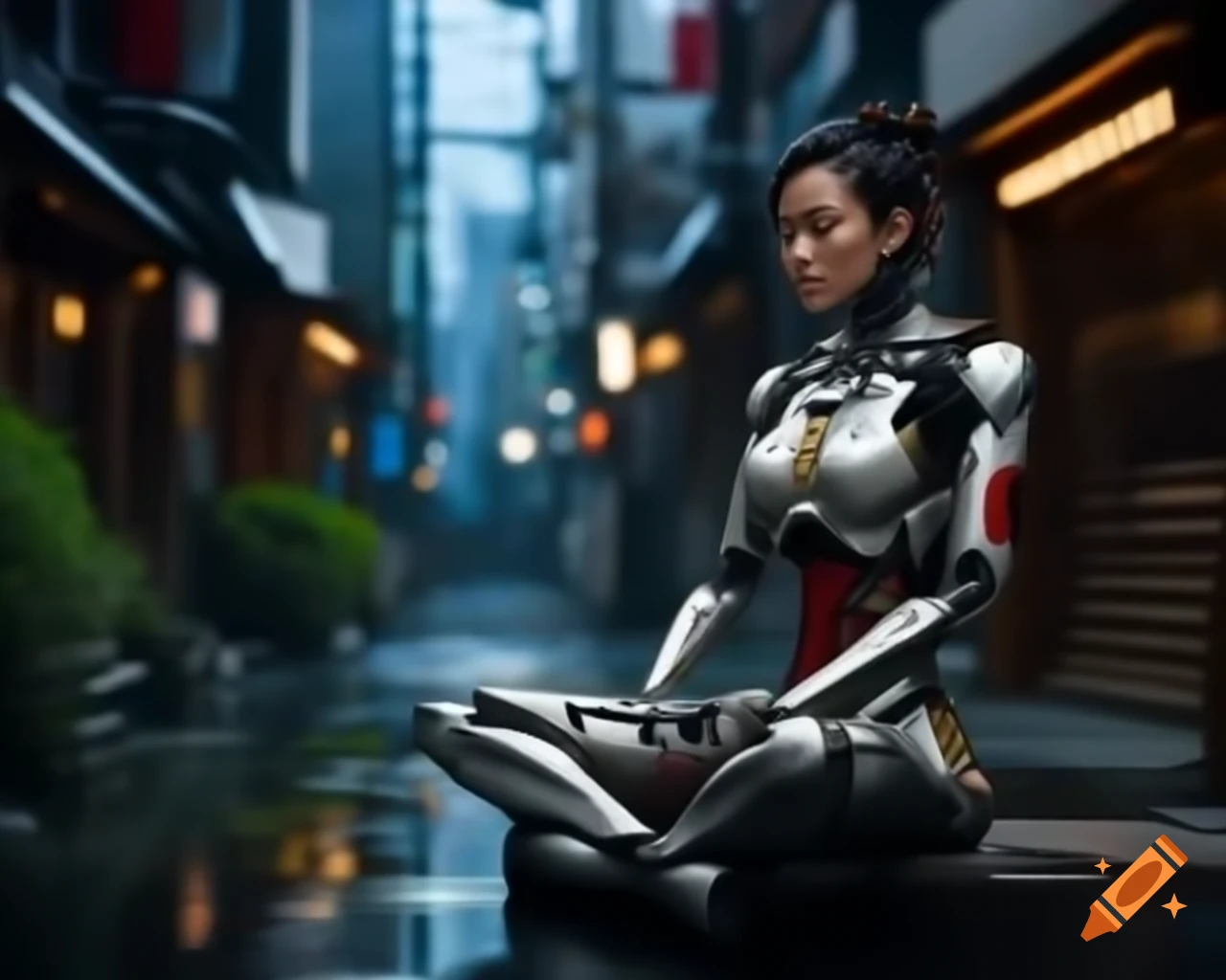 Cyborg samurai woman meditating in futuristic Tokyo cityscape during heavy rain