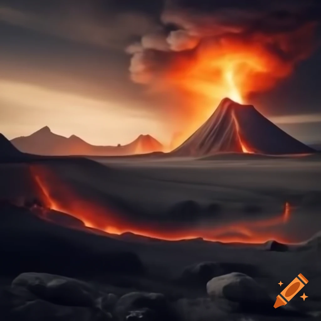 Barren rocky landscape with volcanic eruption and yellow sky