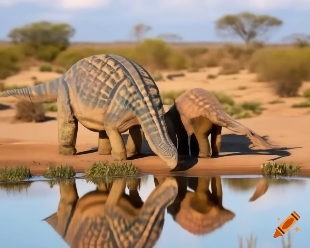 Cinnamon and brown striped ankylosaurus drinking in pond in bushland landscape