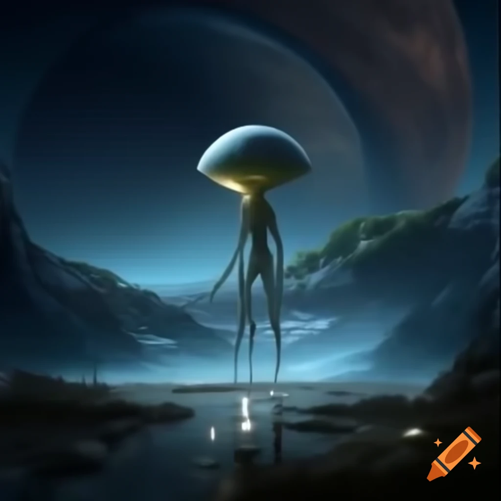 Dreamlike alien planet with caustic lighting and forestpunk elements