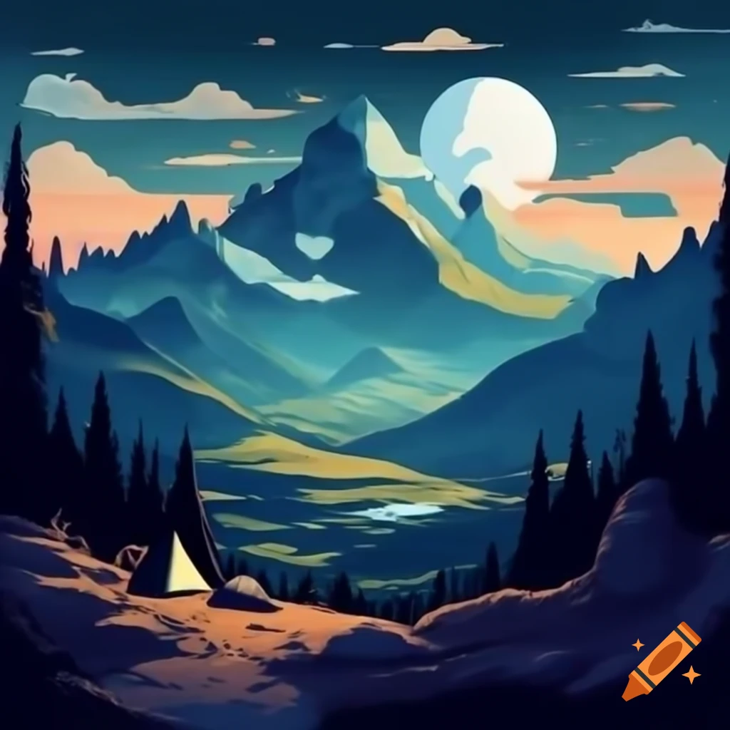 Surreal evening mountain landscape ideal for camping in Adventure Time style