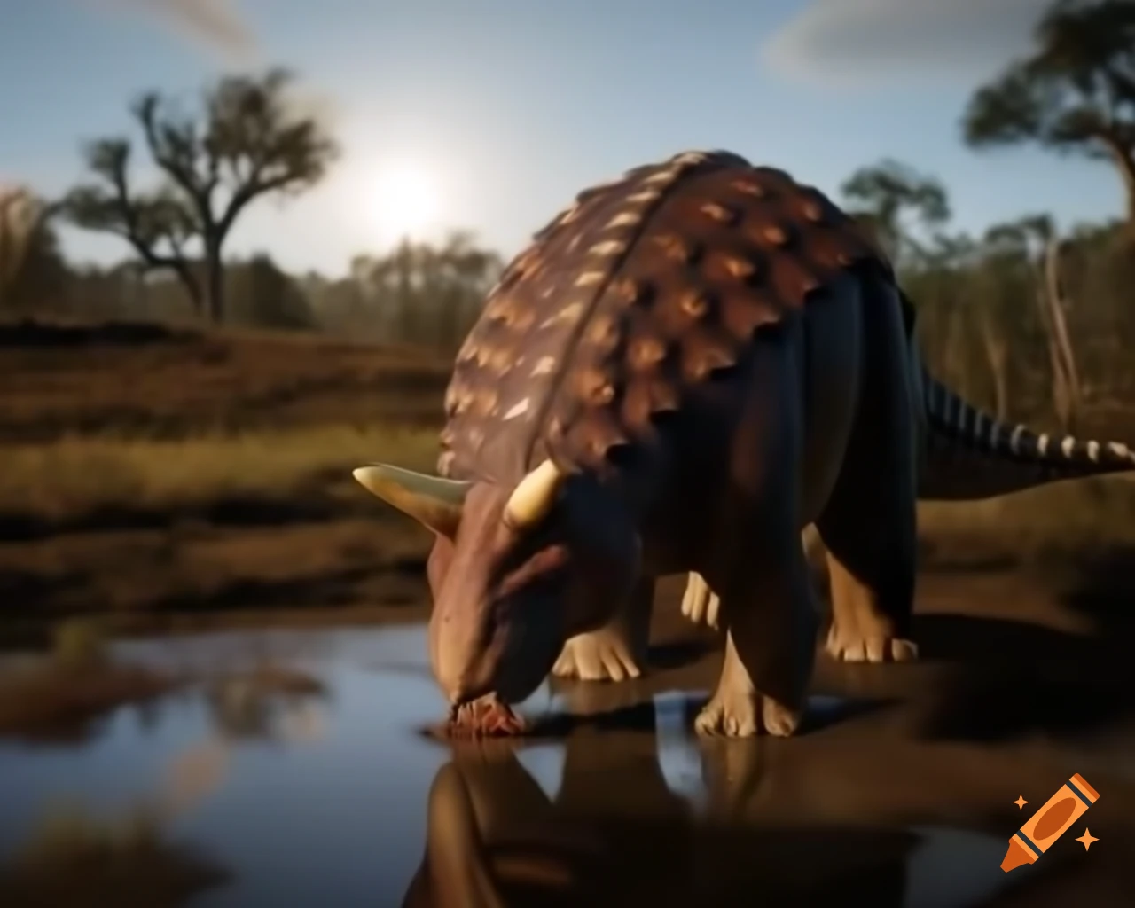 Cinnamon and brown ankylosaurus drinking in puddle under tree in sunny clearing