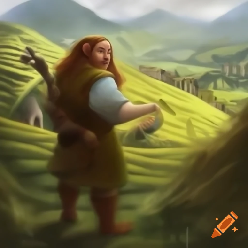 Realistic oil painting of Hobbiton and surrounding fields from Lord of the Rings, styled like 1700s