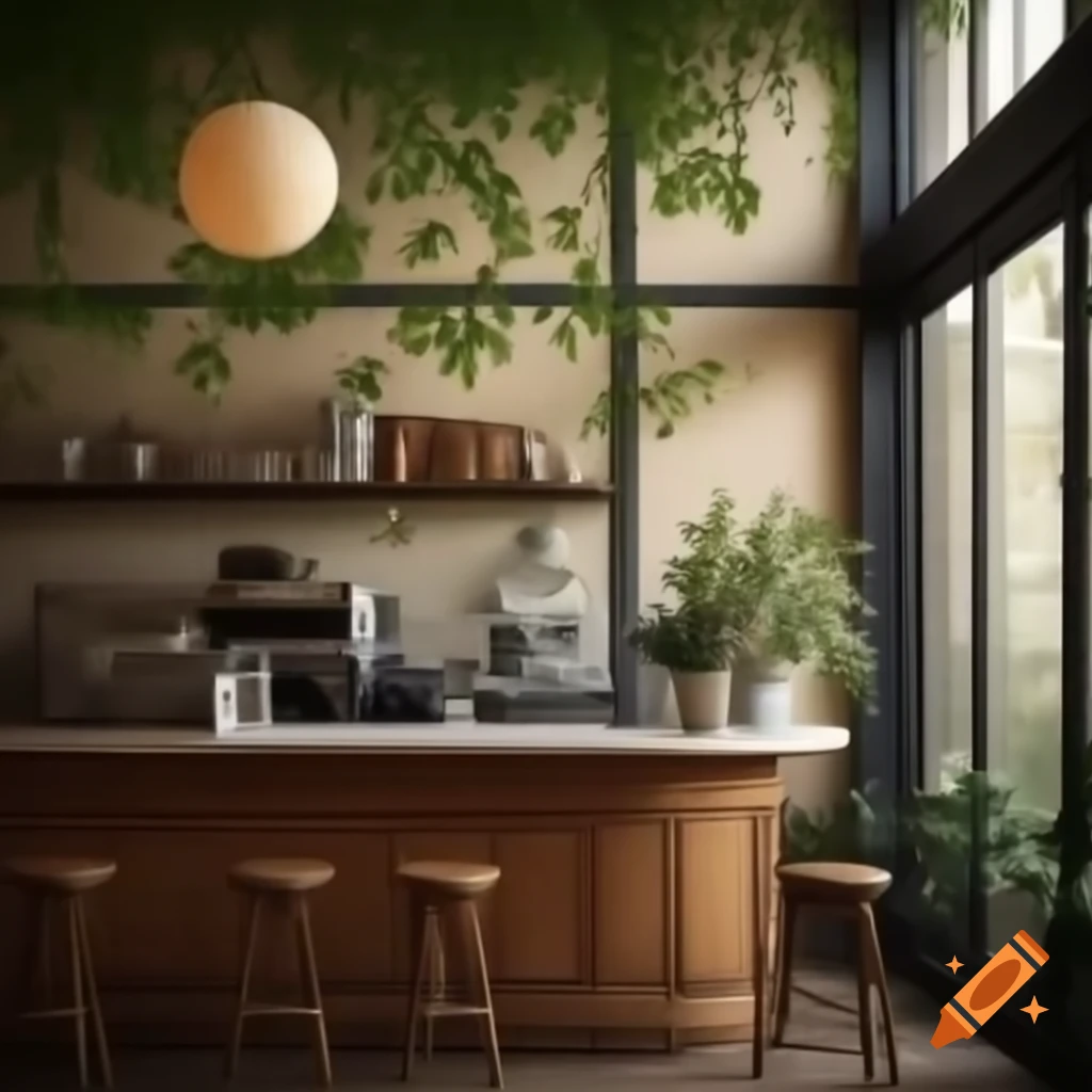 Cafe counter with window and leafy view