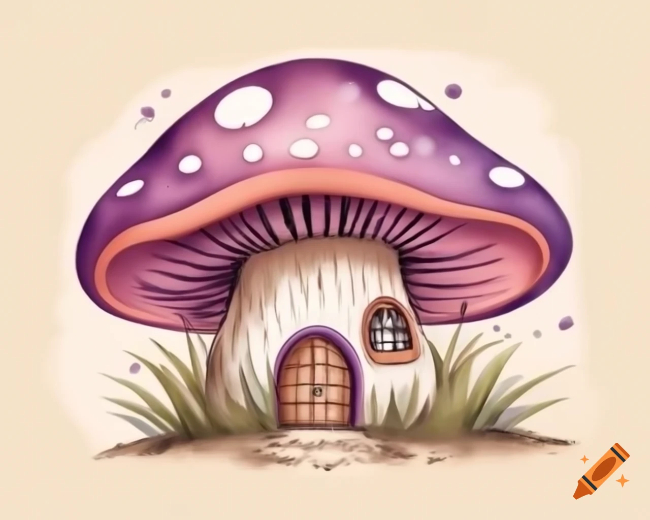 Watercolor mushroom house in violet and brown storybook style