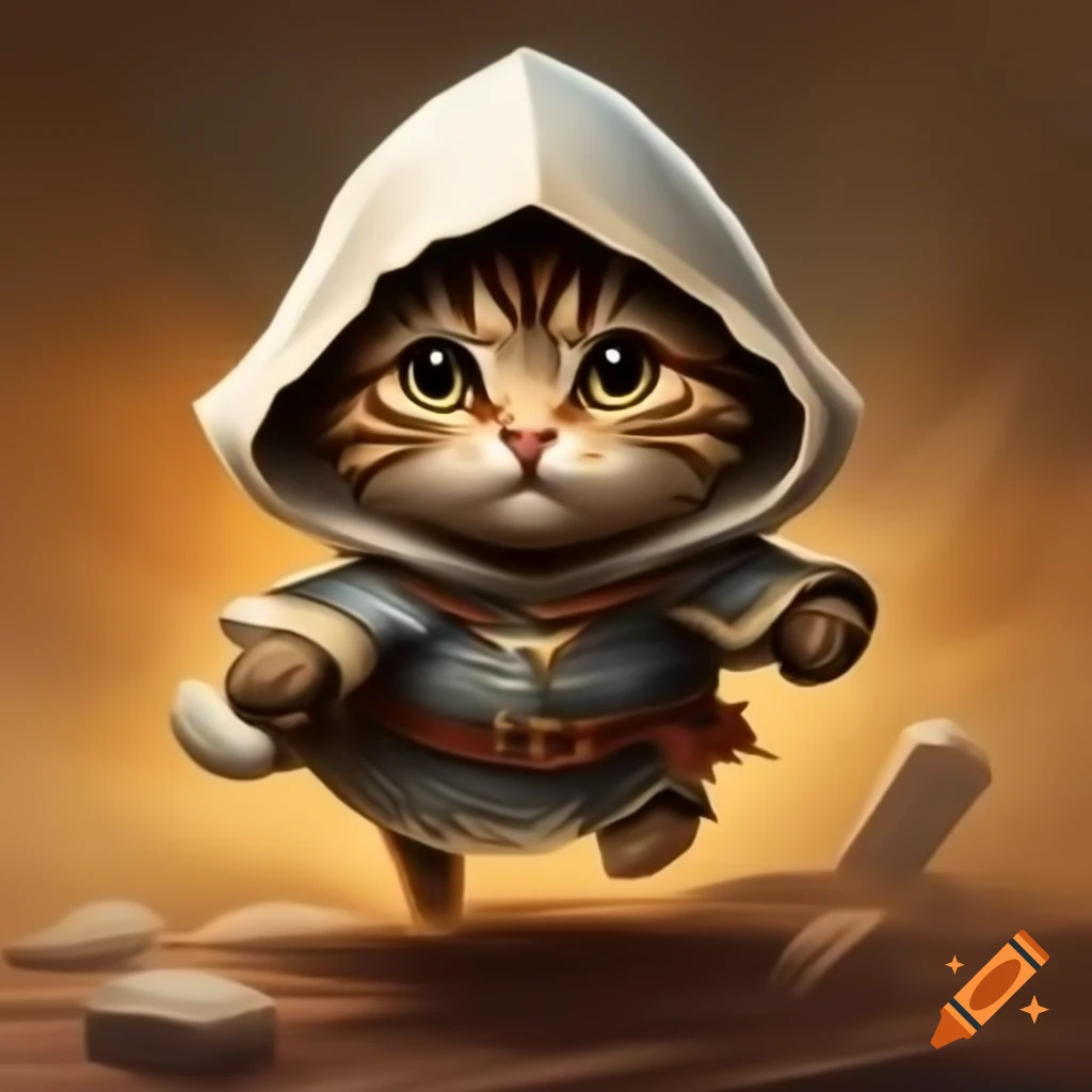 Cute cat in medieval hood escaping armored knight pugs in high resolution