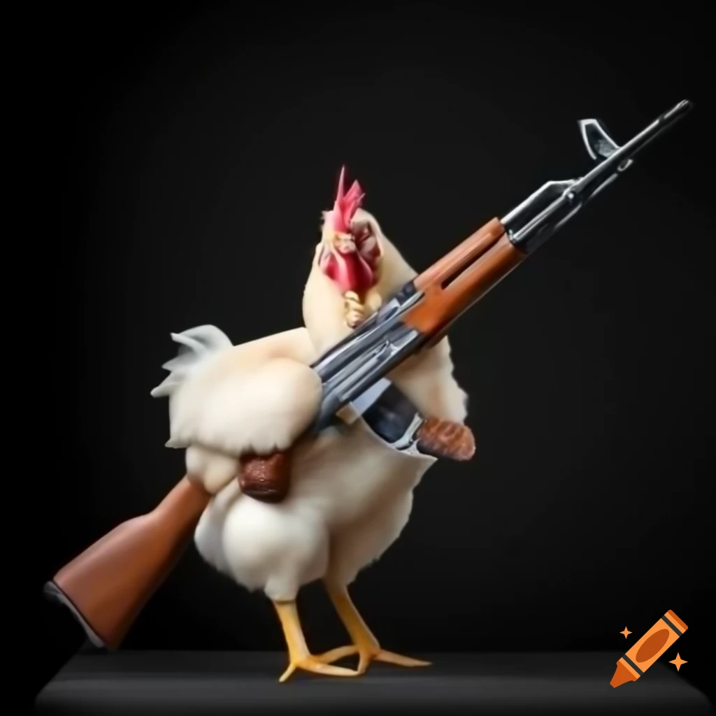 Chicken with an AK-47 in front of black background, humorous art