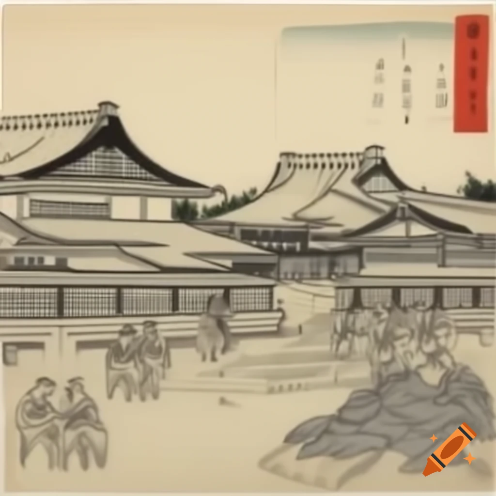 Medieval Japanese village with samurai under moonlight, inspired by Hieronymus Bosch