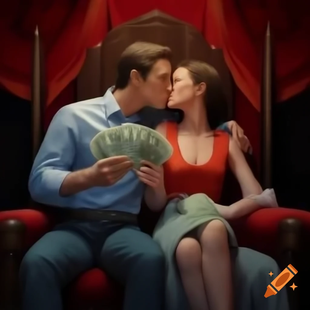 Couple sitting on throne sharing a kiss, woman holding money