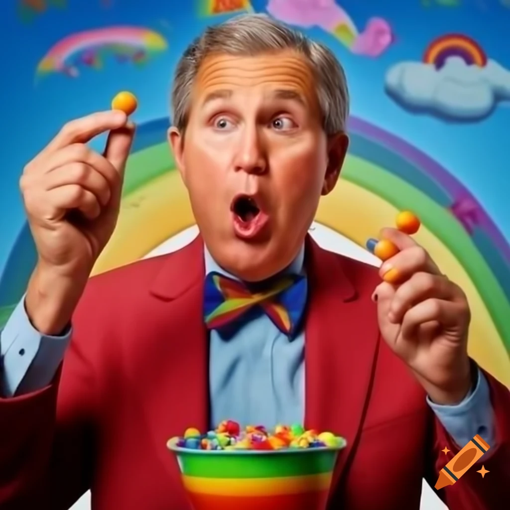 George W. Bush enjoying Skittles on a vibrant rainbow