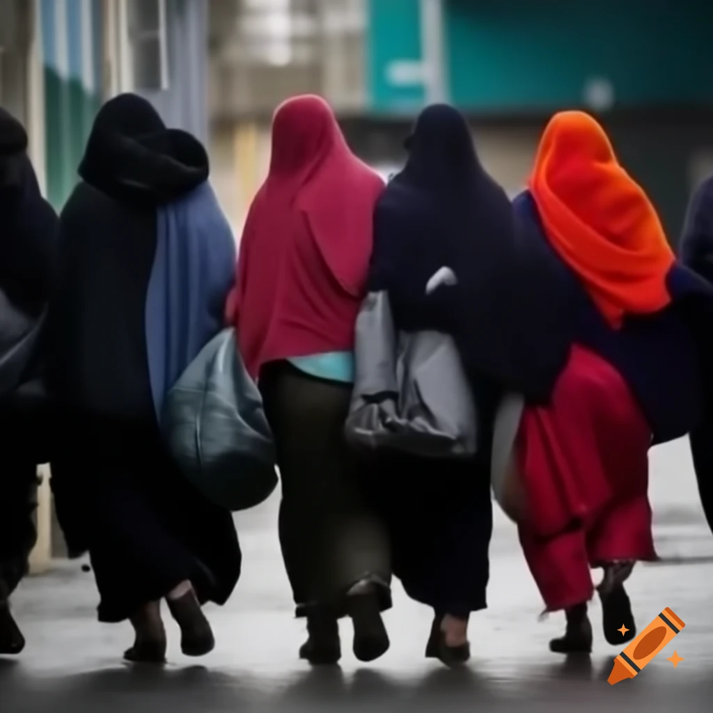 Disabled refugees in flamboyant clothes walking towards camera