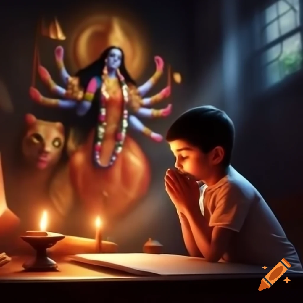 Boy praying to Goddess Durga in a spiritual setting