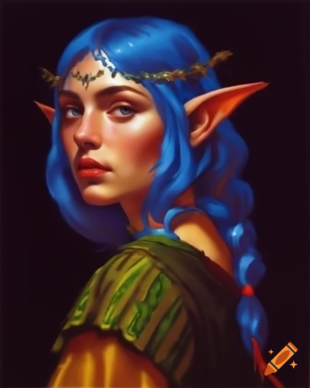 Pixel art portrait of blue-haired demi-elf in nomad village, retro impressionist style