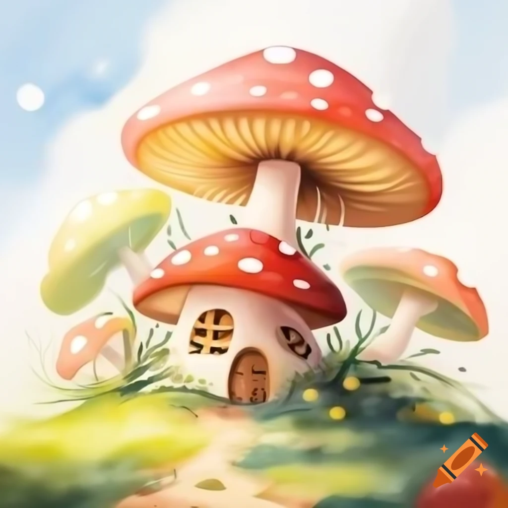 Watercolor mushroom house in mustard and brown storybook style