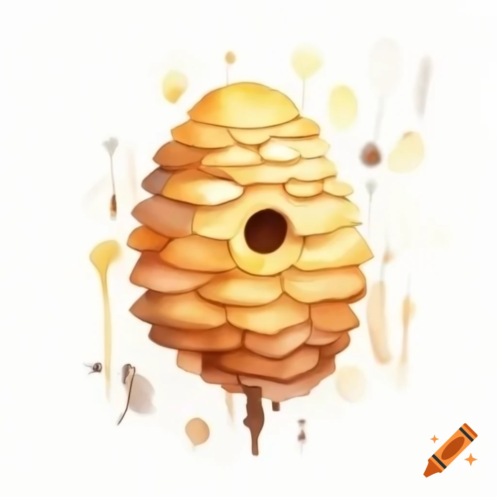 Watercolor illustration of a beehive on white background