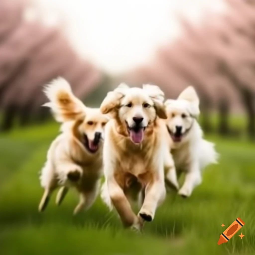 Golden Retrievers playing in flower field with cherry blossoms, soft sunlight