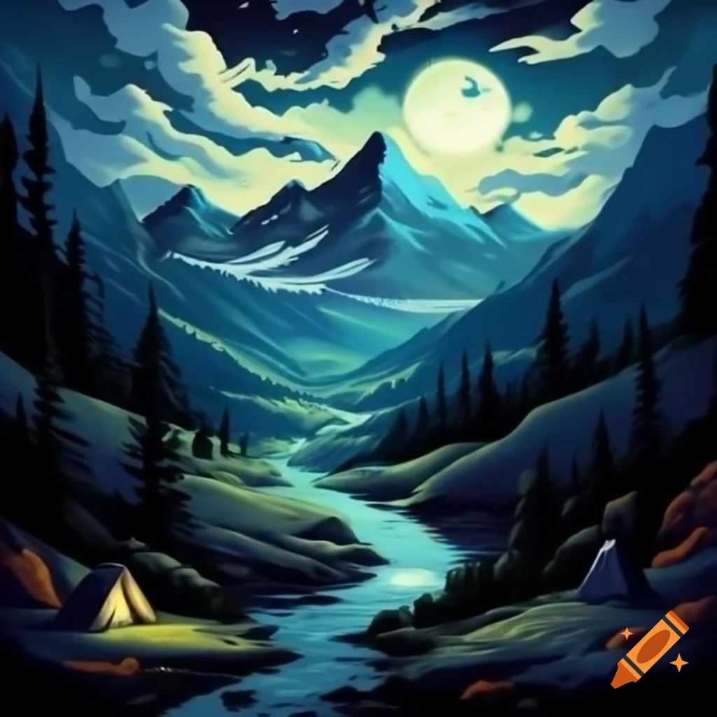 Surreal nighttime mountain landscape for epic camping adventure in Adventure Time style