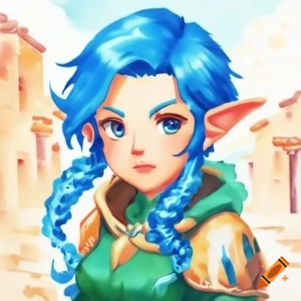 1990 retro impressionist watercolor portrait of blue-haired demi-elf in nomad village