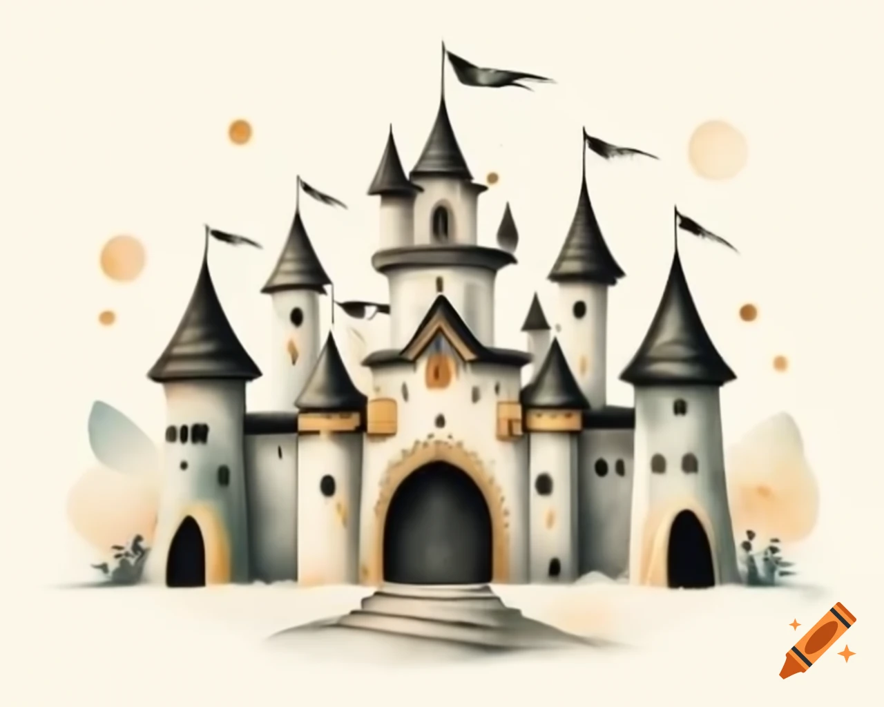 Watercolor fairy castle in soft black and gold storybook style