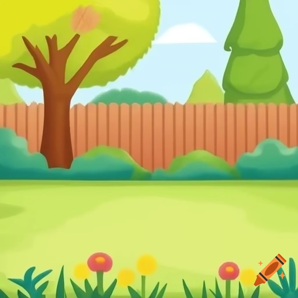 Cartoon of a backyard featuring trees and flowers