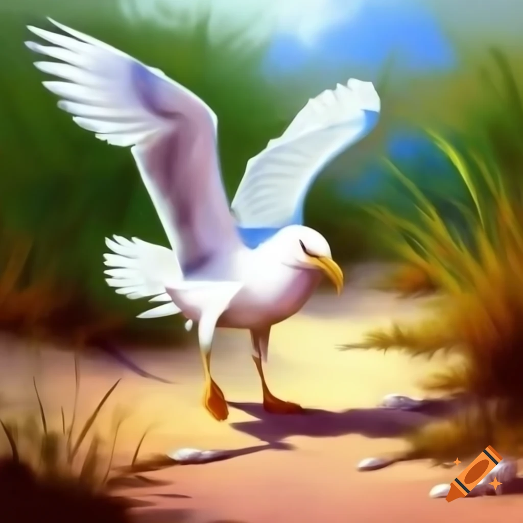 Seagull with eagle features hovering over sandy path surrounded by vegetation, painting by Thomas Kinkade
