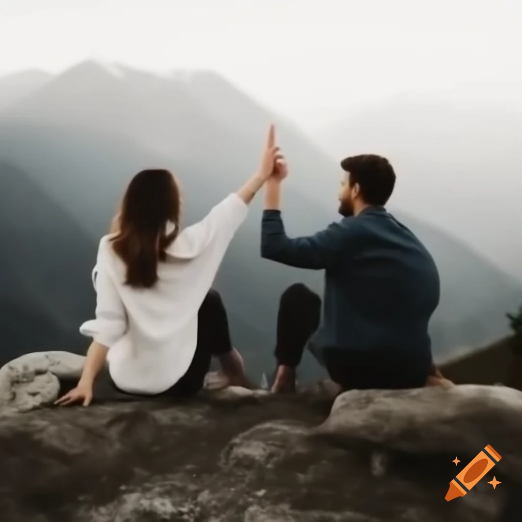 Romantic couple sitting together in serene mountains