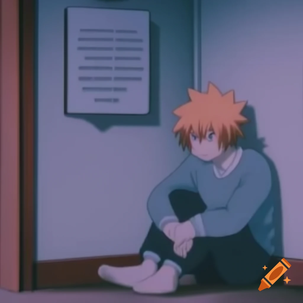 Anime character sitting in corner facing wall during timeout