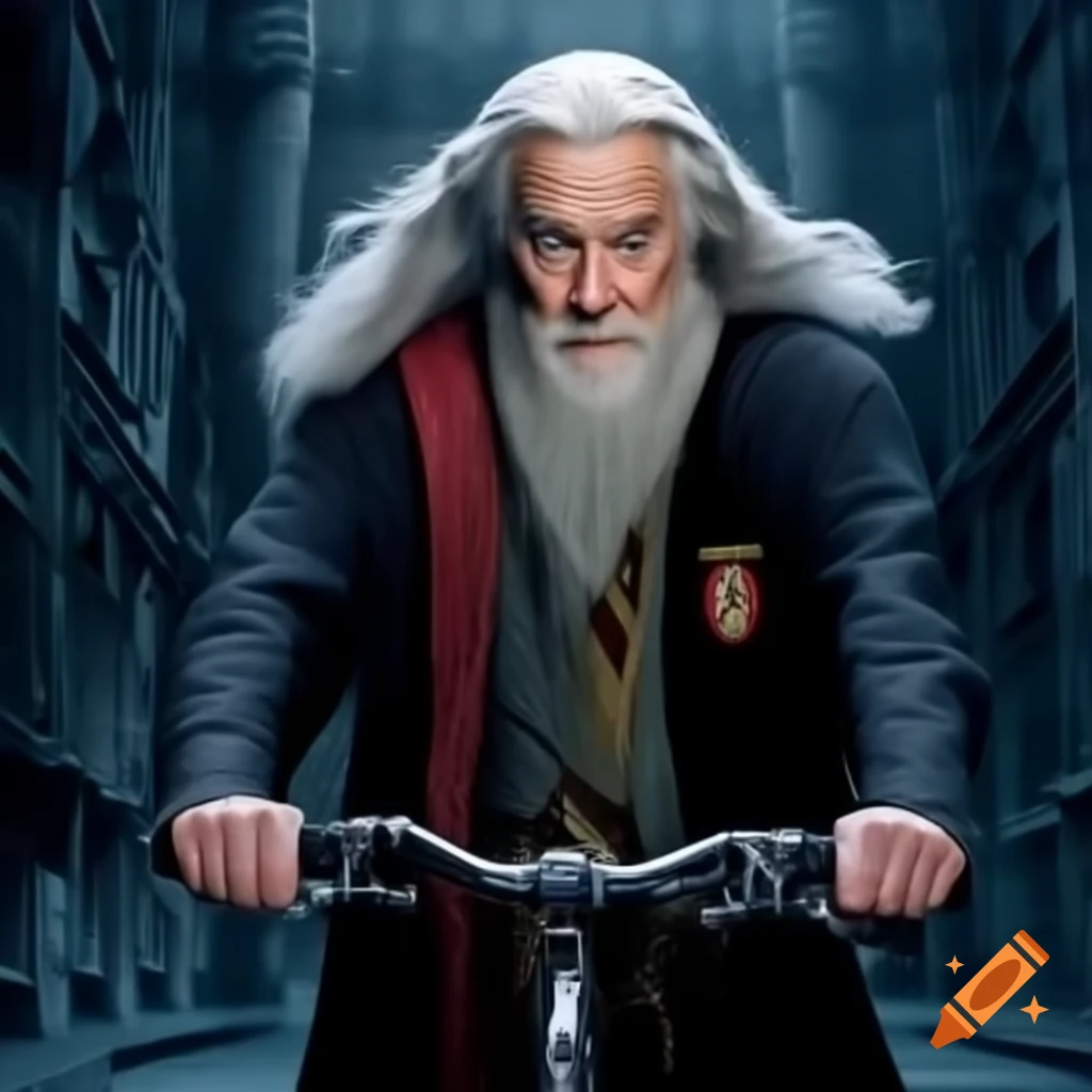 Dumbledore from Harry Potter riding a bicycle