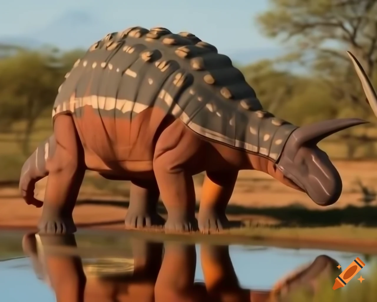 Cinnamon and brown striped ankylosaurus drinking in a pond in bushland