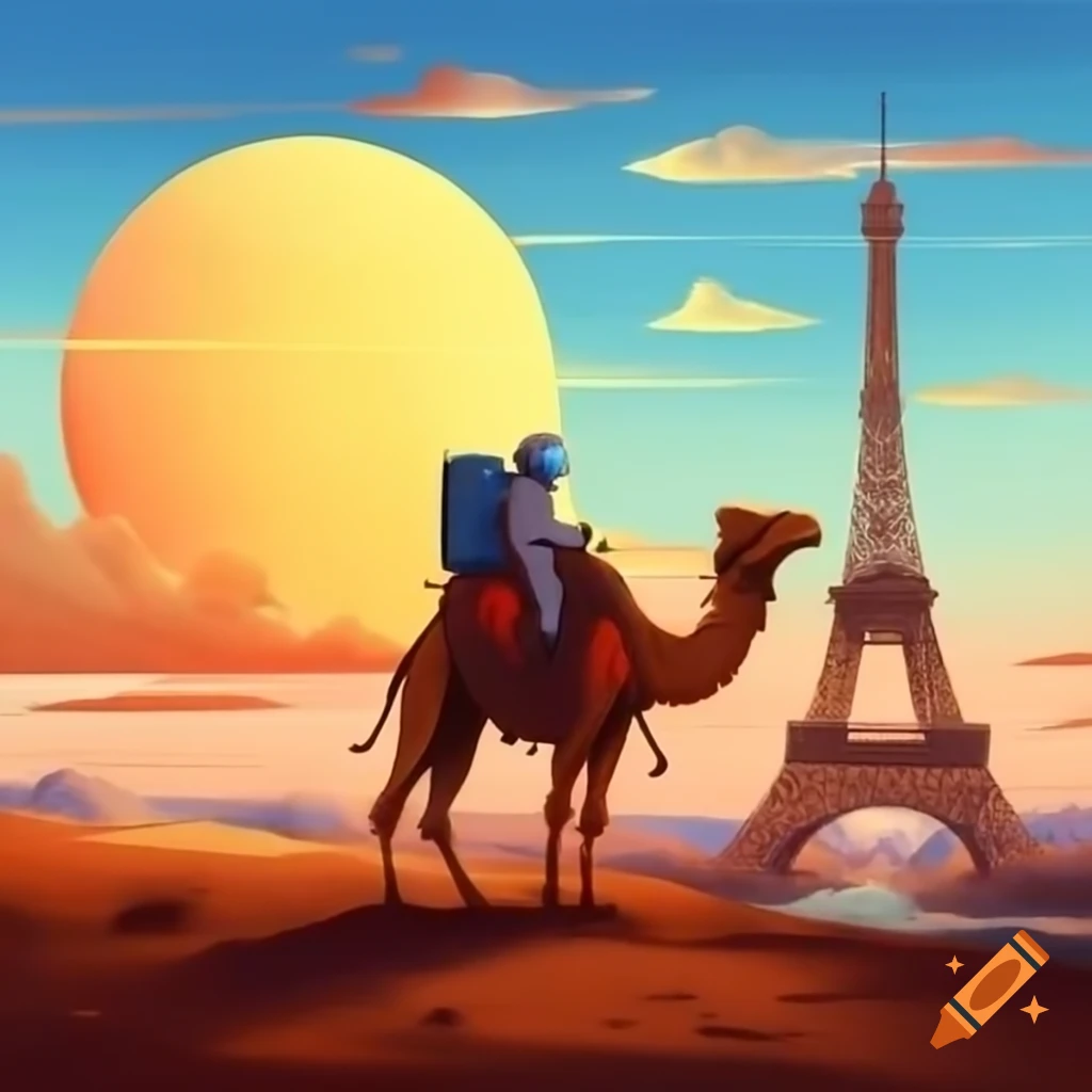 Astronaut riding camel near Eiffel Tower with sun and river in painting