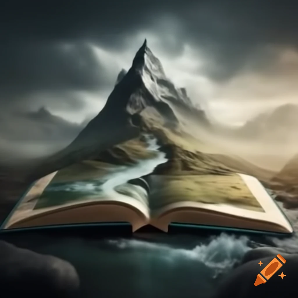 Book with mountain growing out and river flowing through on Craiyon