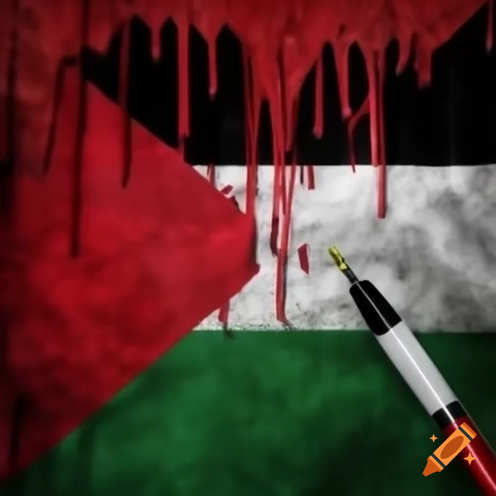 Pen with red ink on Palestinian flag background