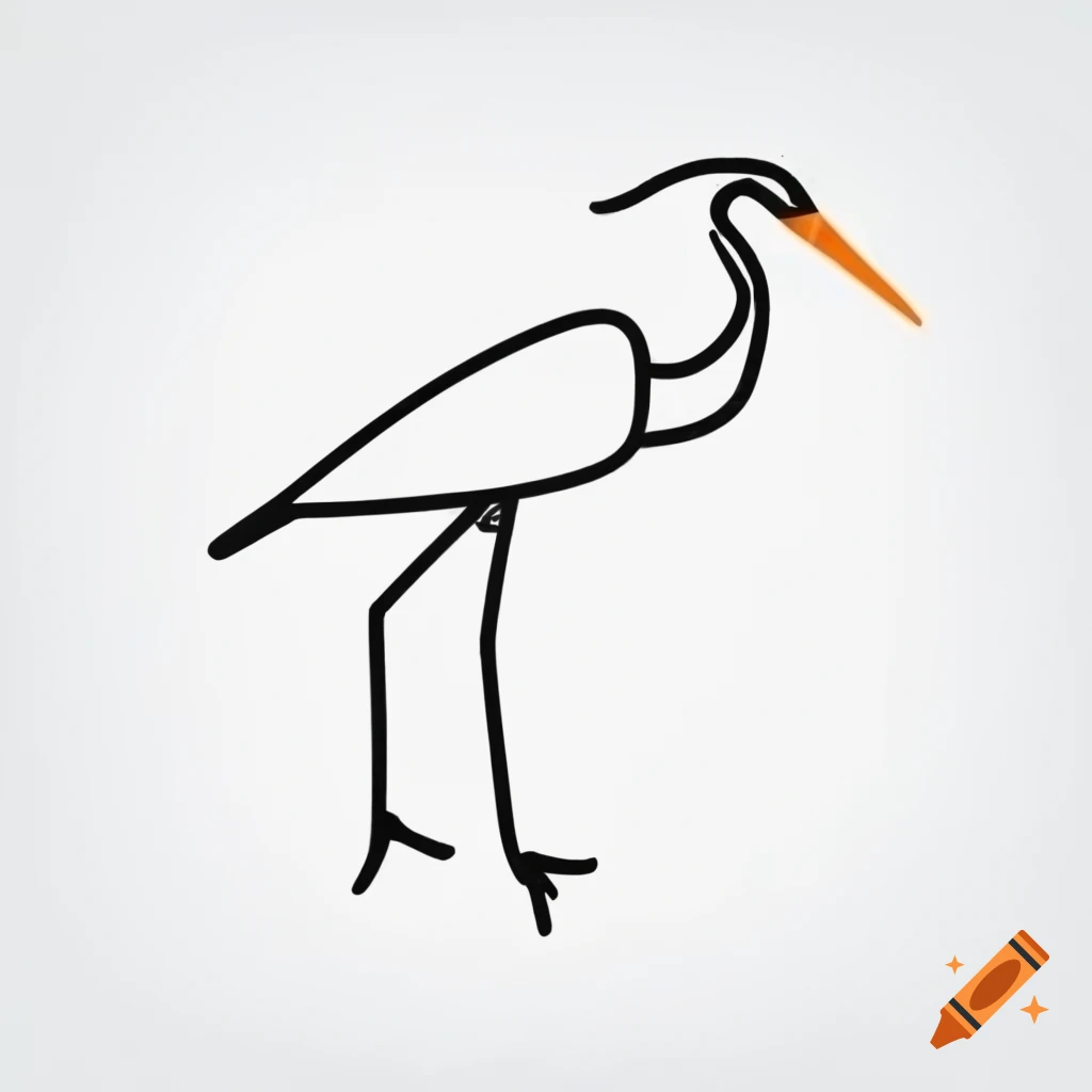 Minimalist black line drawing of heron with orange and green features on white background