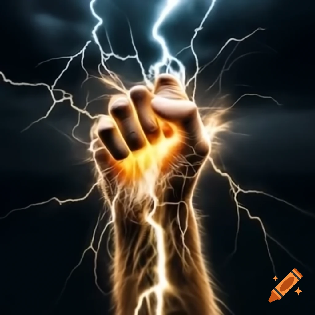 Powerful hand gripping lightning bolt with sparks and electric rays in gold color