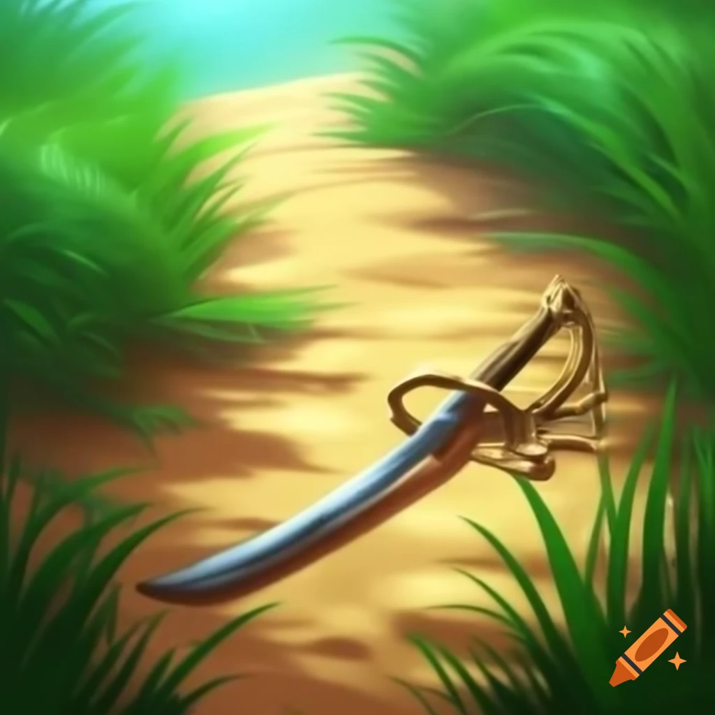 Pirate cutlass on sandy path through vegetation, acrylic painting