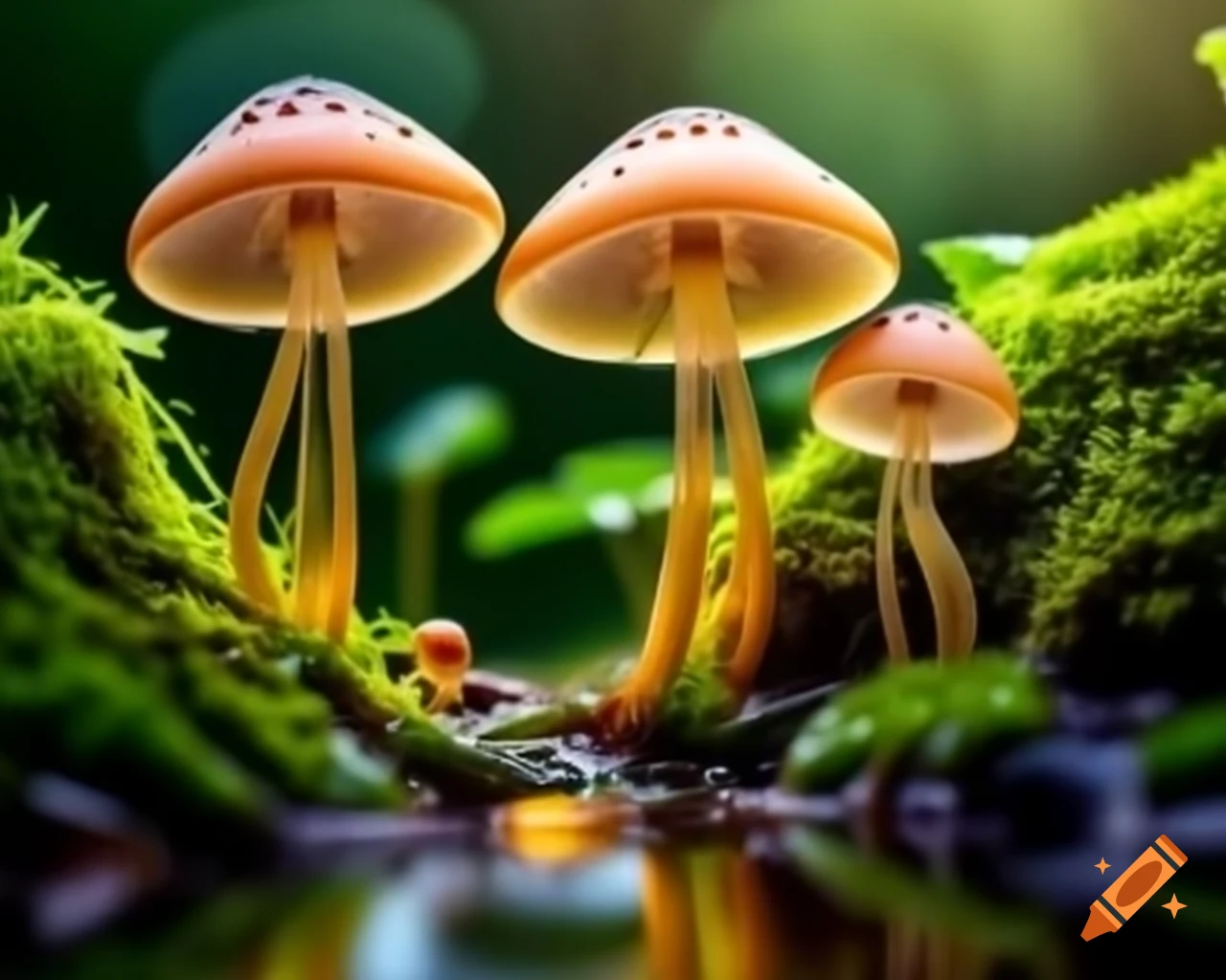 Extreme macro photography of luminous mushrooms on mossy ground with puddle and rain